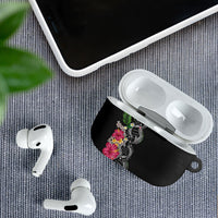 Hawaii DNA Kakau Tattoo AirPods Case with Plumeria and Hibiscus Tropical Plants Black Color