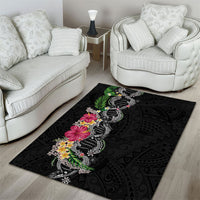 Hawaii DNA Kakau Tattoo Area Rug with Plumeria and Hibiscus Tropical Plants Black Color