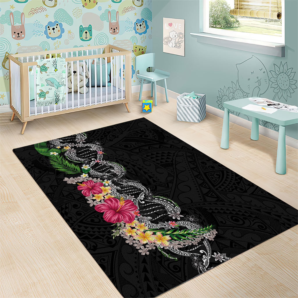 Hawaii DNA Kakau Tattoo Area Rug with Plumeria and Hibiscus Tropical Plants Black Color