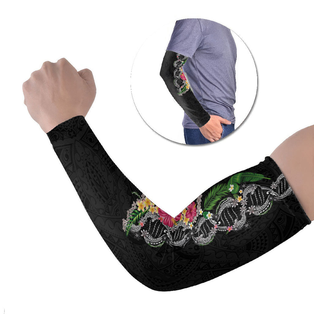 Hawaii DNA Kakau Tattoo Arm Sleeves with Plumeria and Hibiscus Tropical Plants Black Color