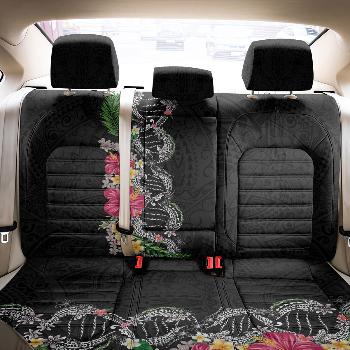 Hawaii DNA Kakau Tattoo Back Car Seat Cover with Plumeria and Hibiscus Tropical Plants Black Color
