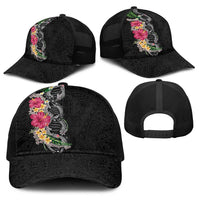 Hawaii DNA Kakau Tattoo Baseball Net Cap with Plumeria and Hibiscus Tropical Plants Black Color
