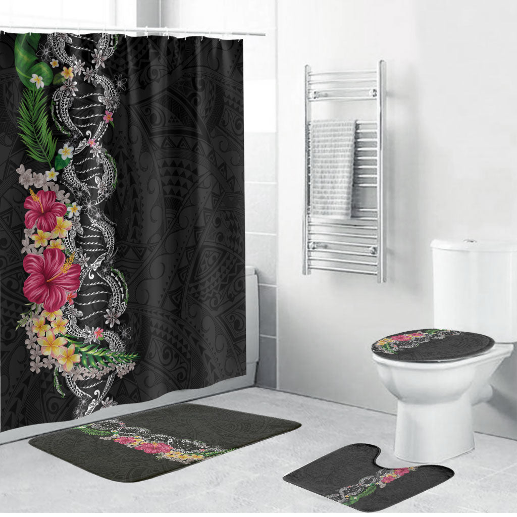 Hawaii DNA Kakau Tattoo Bathroom Set with Plumeria and Hibiscus Tropical Plants Black Color
