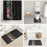 Hawaii DNA Kakau Tattoo Bathroom Set with Plumeria and Hibiscus Tropical Plants Black Color