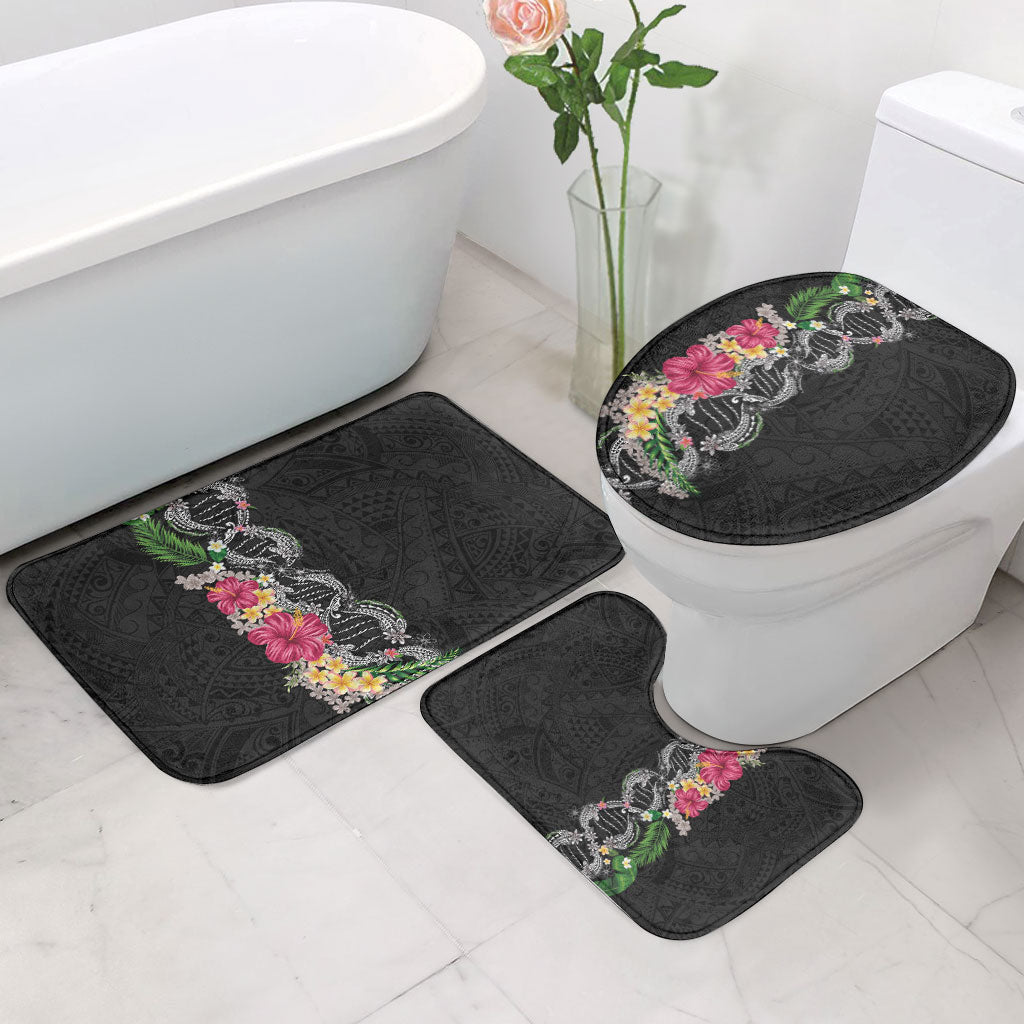 Hawaii DNA Kakau Tattoo Bathroom Set with Plumeria and Hibiscus Tropical Plants Black Color