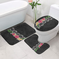Hawaii DNA Kakau Tattoo Bathroom Set with Plumeria and Hibiscus Tropical Plants Black Color