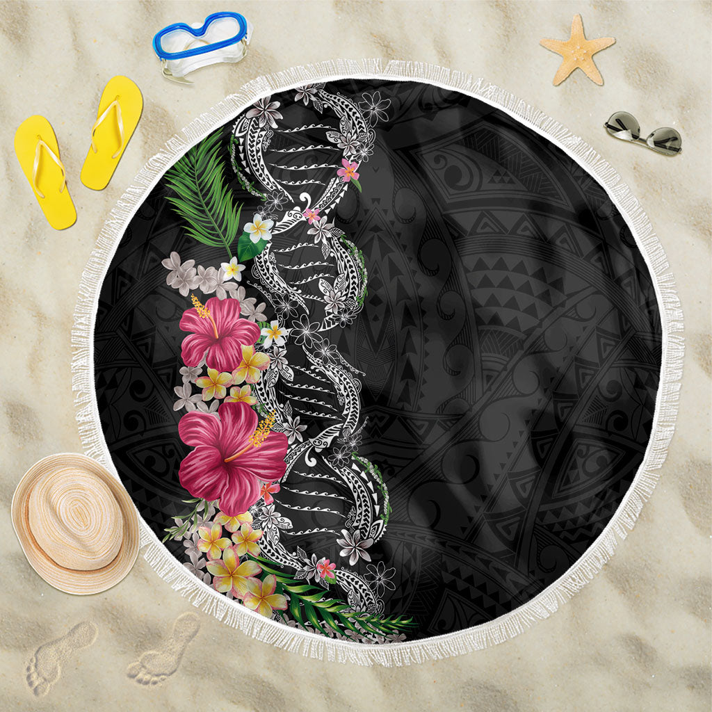 Hawaii DNA Kakau Tattoo Beach Blanket with Plumeria and Hibiscus Tropical Plants Black Color