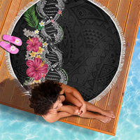 Hawaii DNA Kakau Tattoo Beach Blanket with Plumeria and Hibiscus Tropical Plants Black Color