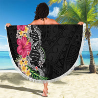 Hawaii DNA Kakau Tattoo Beach Blanket with Plumeria and Hibiscus Tropical Plants Black Color