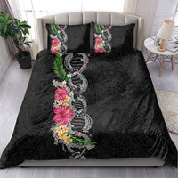 Hawaii DNA Kakau Tattoo Bedding Set with Plumeria and Hibiscus Tropical Plants Black Color