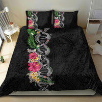 Hawaii DNA Kakau Tattoo Bedding Set with Plumeria and Hibiscus Tropical Plants Black Color