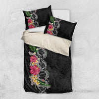Hawaii DNA Kakau Tattoo Bedding Set with Plumeria and Hibiscus Tropical Plants Black Color