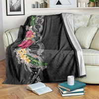 Hawaii DNA Kakau Tattoo Blanket with Plumeria and Hibiscus Tropical Plants Black Color