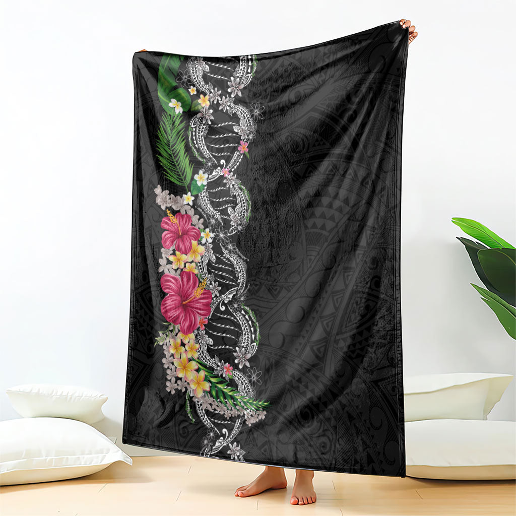 Hawaii DNA Kakau Tattoo Blanket with Plumeria and Hibiscus Tropical Plants Black Color