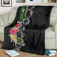 Hawaii DNA Kakau Tattoo Blanket with Plumeria and Hibiscus Tropical Plants Black Color