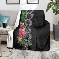 Hawaii DNA Kakau Tattoo Blanket with Plumeria and Hibiscus Tropical Plants Black Color