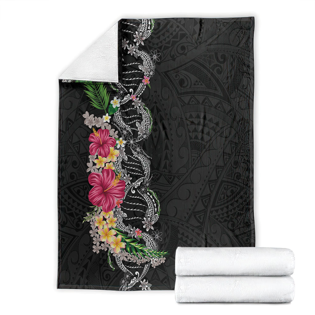 Hawaii DNA Kakau Tattoo Blanket with Plumeria and Hibiscus Tropical Plants Black Color