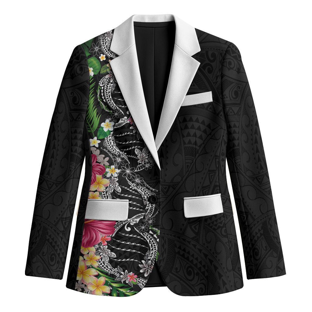 Hawaii DNA Kakau Tattoo Blazer with Plumeria and Hibiscus Tropical Plants Black Color LT03 Unisex Black - Polynesian Pride