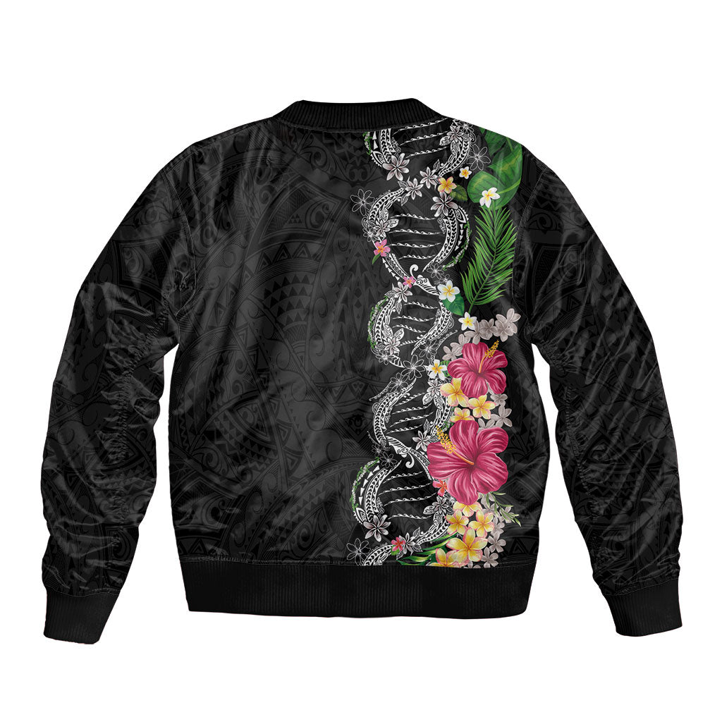 Hawaii DNA Kakau Tattoo Bomber Jacket with Plumeria and Hibiscus Tropical Plants Black Color