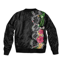 Hawaii DNA Kakau Tattoo Bomber Jacket with Plumeria and Hibiscus Tropical Plants Black Color