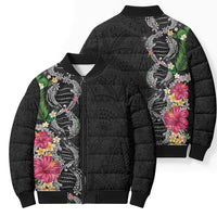 Hawaii DNA Kakau Tattoo Bomber Puffer Jacket with Plumeria and Hibiscus Tropical Plants Black Color