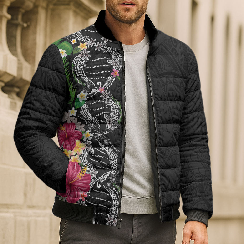 Hawaii DNA Kakau Tattoo Bomber Puffer Jacket with Plumeria and Hibiscus Tropical Plants Black Color
