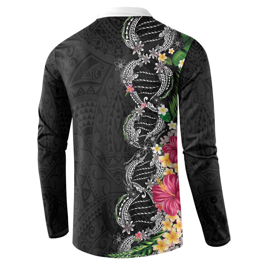 Hawaii DNA Kakau Tattoo Button Sweatshirt with Plumeria and Hibiscus Tropical Plants Black Color