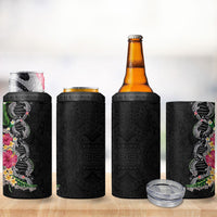Hawaii DNA Kakau Tattoo 4 in 1 Can Cooler Tumbler with Plumeria and Hibiscus Tropical Plants Black Color