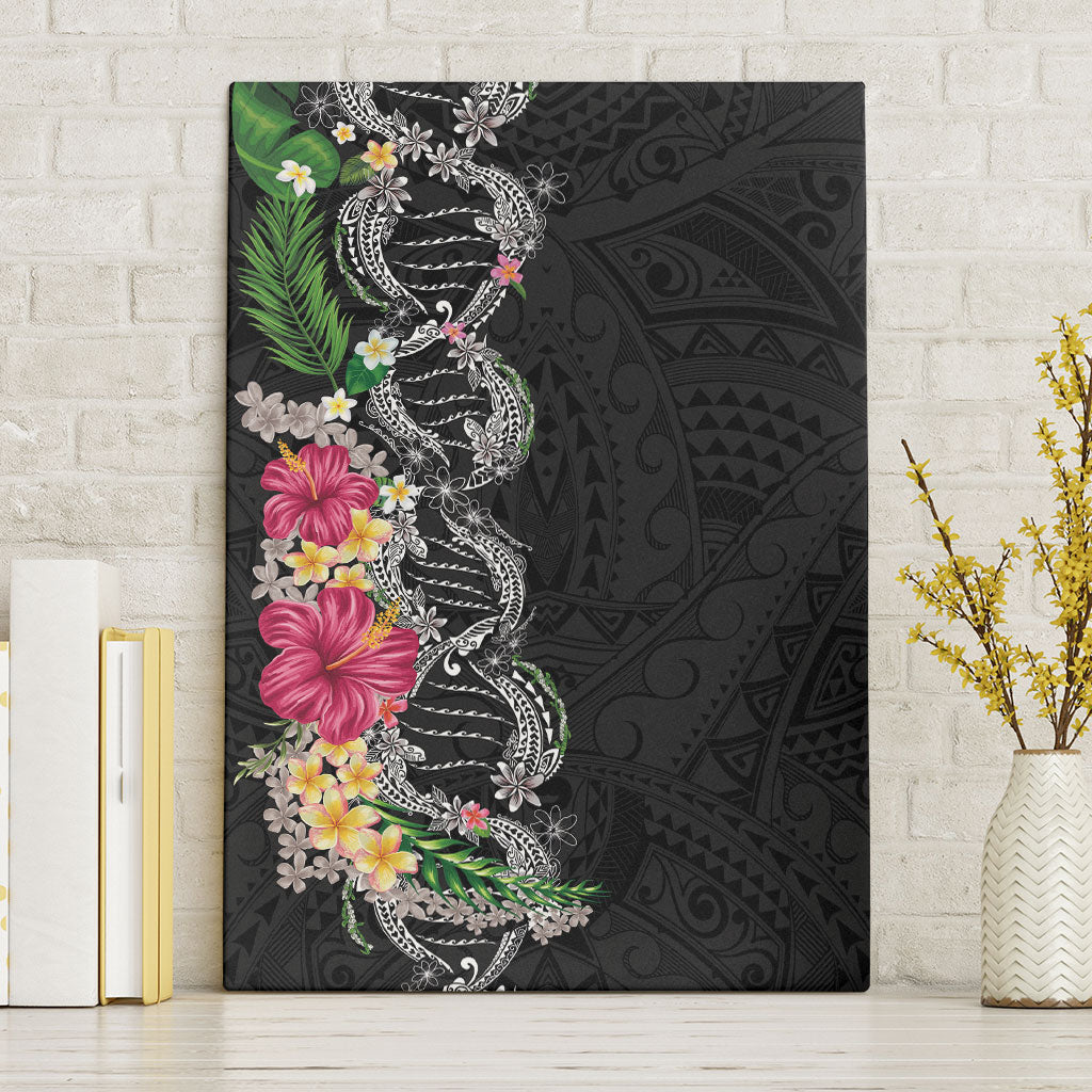 Hawaii DNA Kakau Tattoo Canvas Wall Art with Plumeria and Hibiscus Tropical Plants Black Color