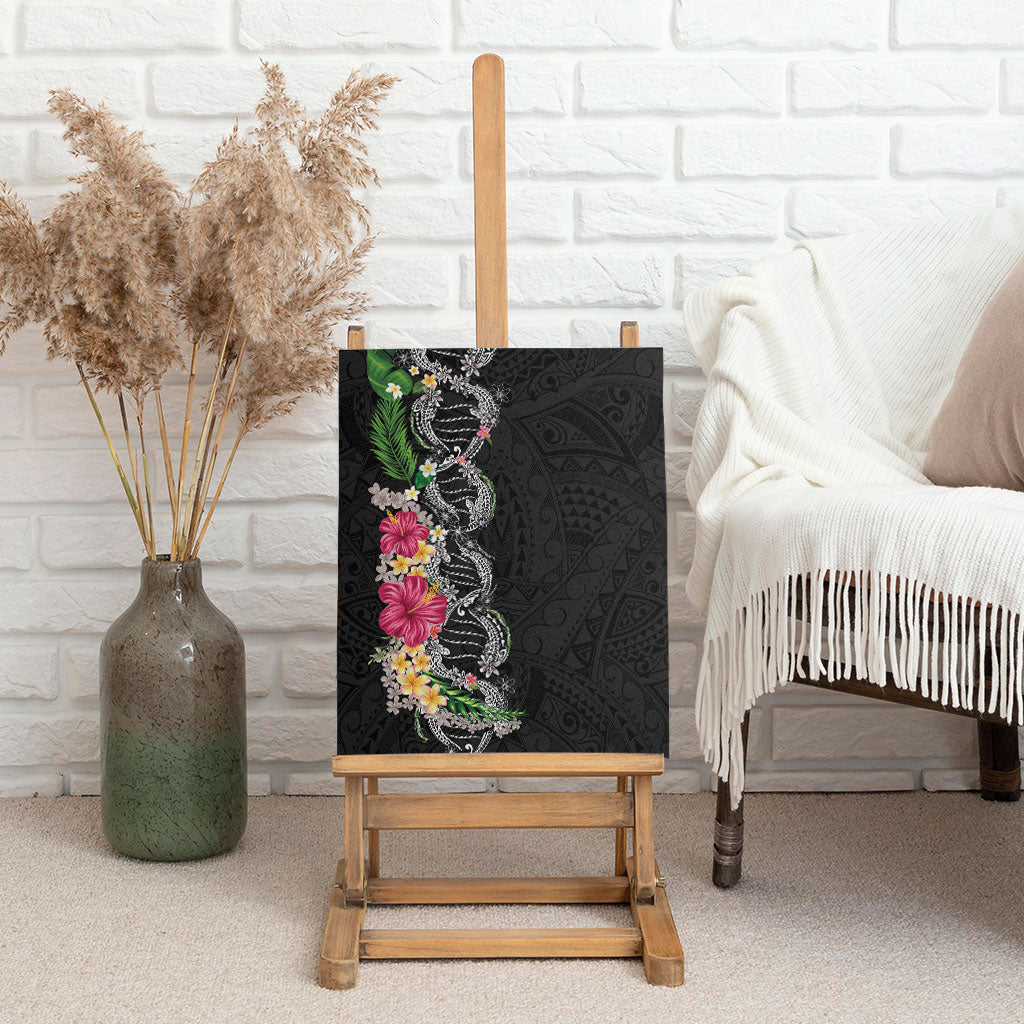 Hawaii DNA Kakau Tattoo Canvas Wall Art with Plumeria and Hibiscus Tropical Plants Black Color