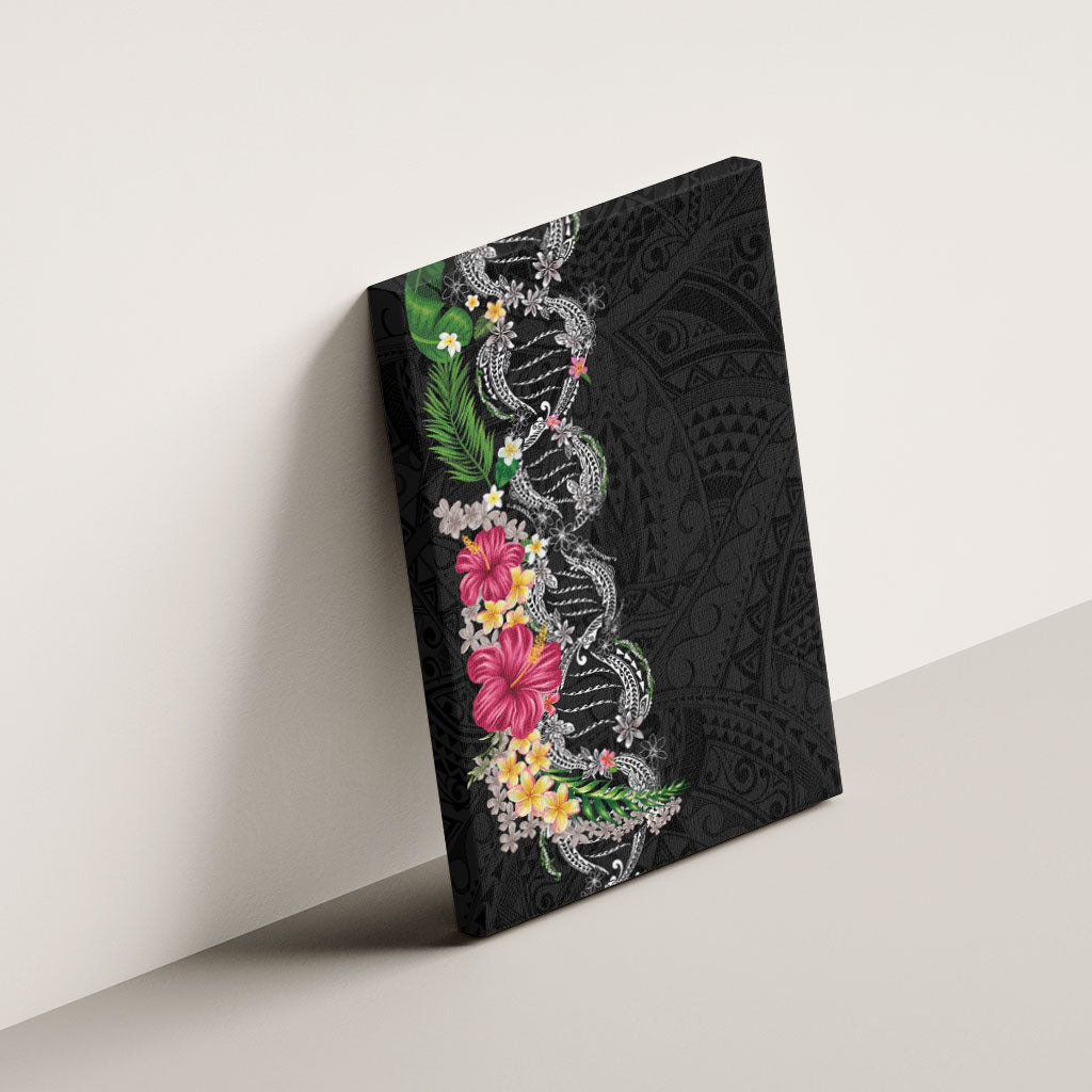 Hawaii DNA Kakau Tattoo Canvas Wall Art with Plumeria and Hibiscus Tropical Plants Black Color