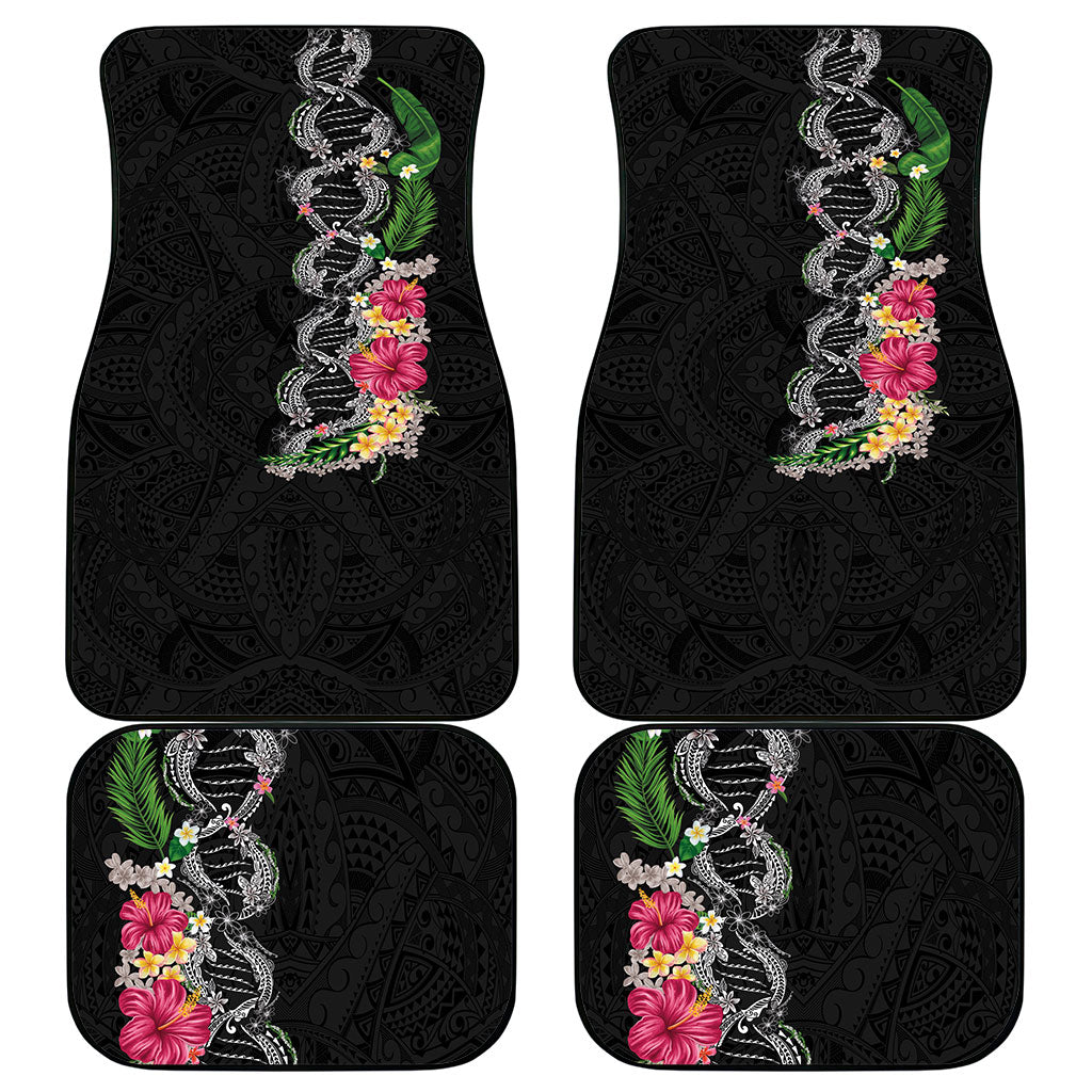 Hawaii DNA Kakau Tattoo Car Mats with Plumeria and Hibiscus Tropical Plants Black Color
