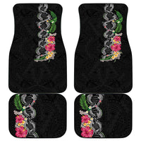 Hawaii DNA Kakau Tattoo Car Mats with Plumeria and Hibiscus Tropical Plants Black Color