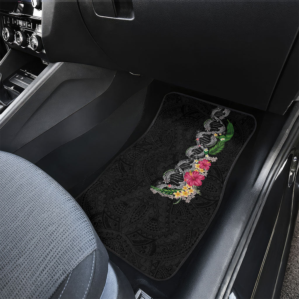 Hawaii DNA Kakau Tattoo Car Mats with Plumeria and Hibiscus Tropical Plants Black Color