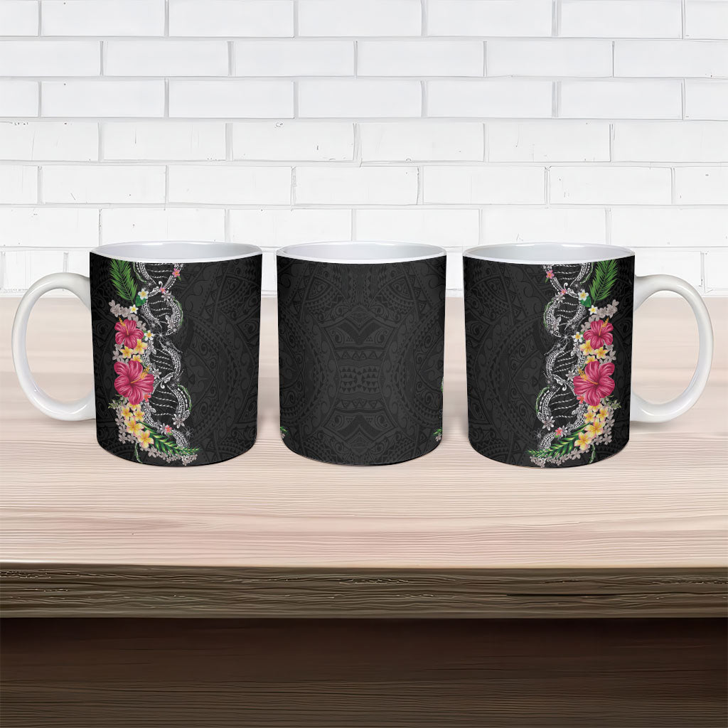 Hawaii DNA Kakau Tattoo Ceramic Mug with Plumeria and Hibiscus Tropical Plants Black Color
