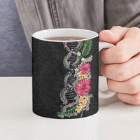 Hawaii DNA Kakau Tattoo Ceramic Mug with Plumeria and Hibiscus Tropical Plants Black Color