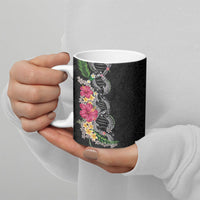 Hawaii DNA Kakau Tattoo Ceramic Mug with Plumeria and Hibiscus Tropical Plants Black Color