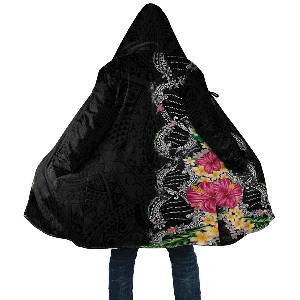Hawaii DNA Kakau Tattoo Cloak with Plumeria and Hibiscus Tropical Plants Black Color