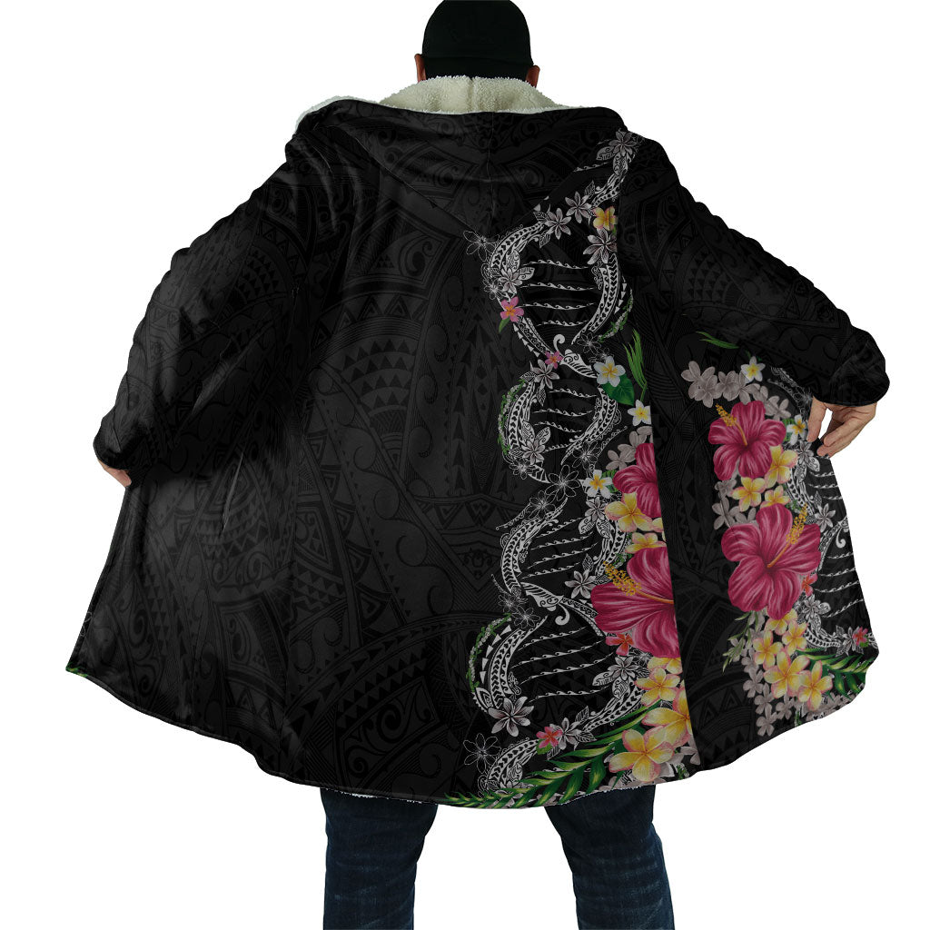 Hawaii DNA Kakau Tattoo Cloak with Plumeria and Hibiscus Tropical Plants Black Color