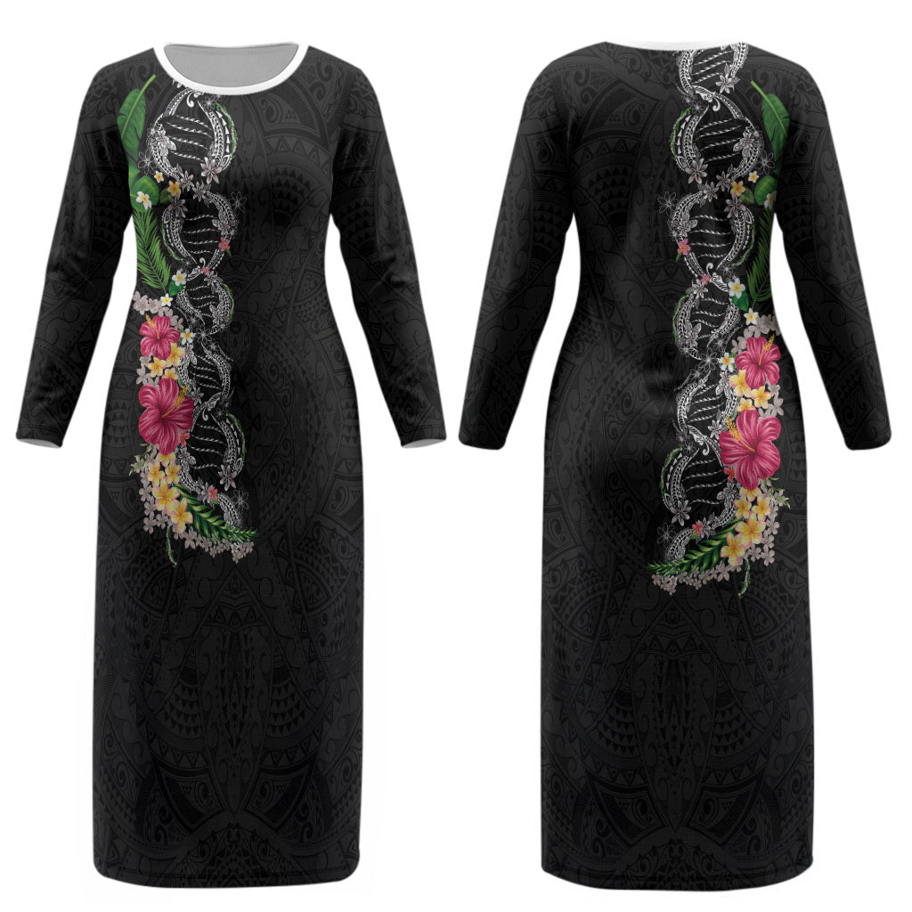 Hawaii DNA Kakau Tattoo Couples Matching Long Sleeve Bodycon Dress and Hawaiian Shirt with Plumeria and Hibiscus Tropical Plants Black Color