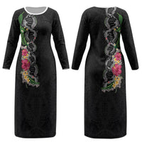 Hawaii DNA Kakau Tattoo Couples Matching Long Sleeve Bodycon Dress and Hawaiian Shirt with Plumeria and Hibiscus Tropical Plants Black Color