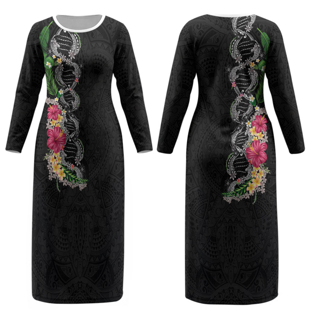 Hawaii DNA Kakau Tattoo Couples Matching Long Sleeve Bodycon Dress and Long Sleeve Button Shirt with Plumeria and Hibiscus Tropical Plants Black Color