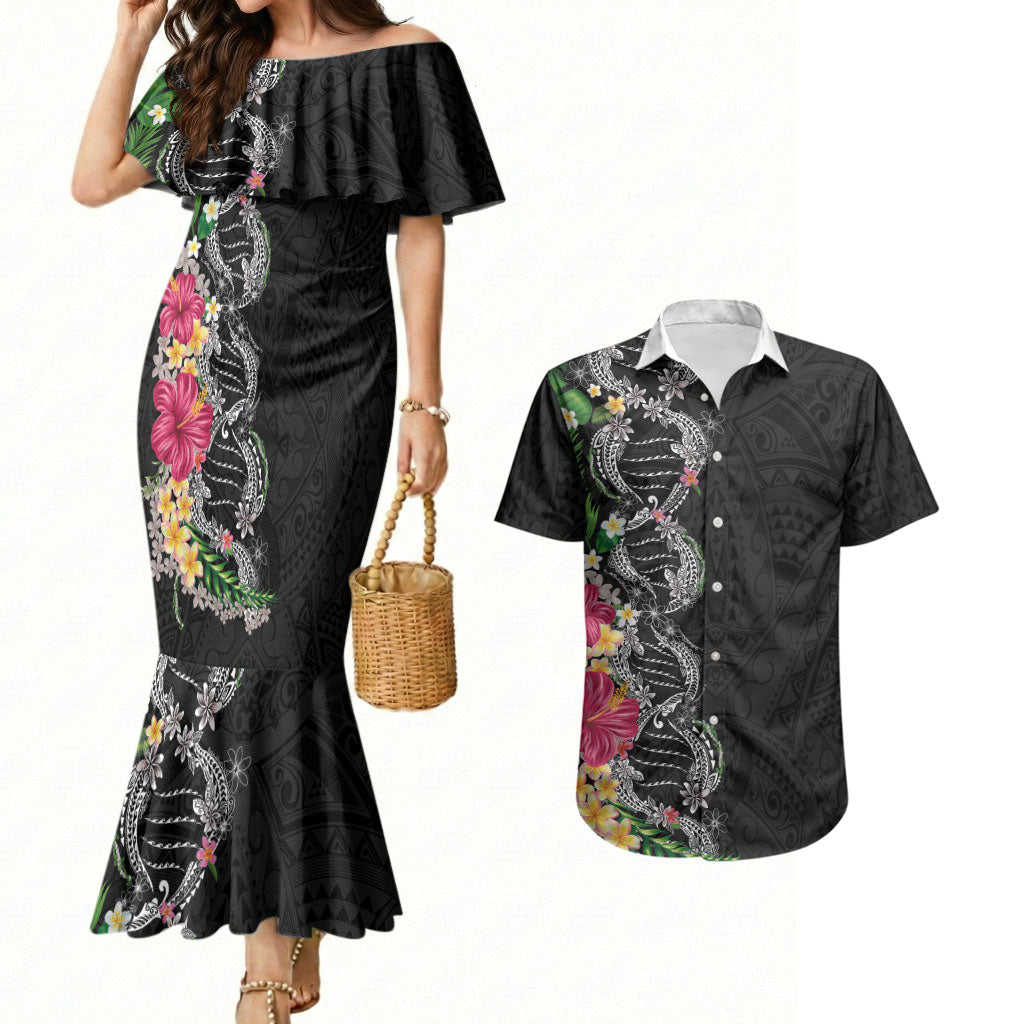 Hawaii DNA Kakau Tattoo Couples Matching Mermaid Dress and Hawaiian Shirt with Plumeria and Hibiscus Tropical Plants Black Color