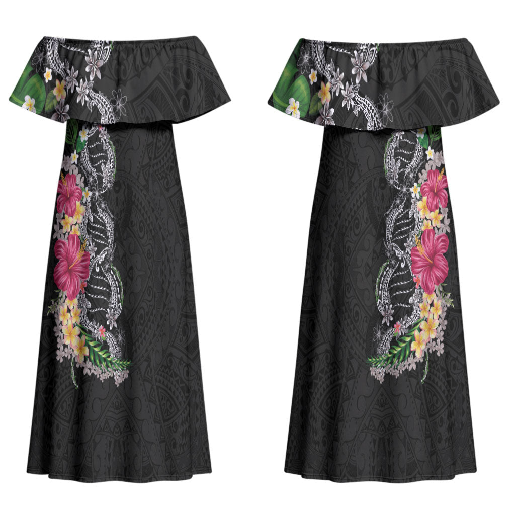 Hawaii DNA Kakau Tattoo Couples Matching Off Shoulder Maxi Dress and Long Sleeve Button Shirt with Plumeria and Hibiscus Tropical Plants Black Color