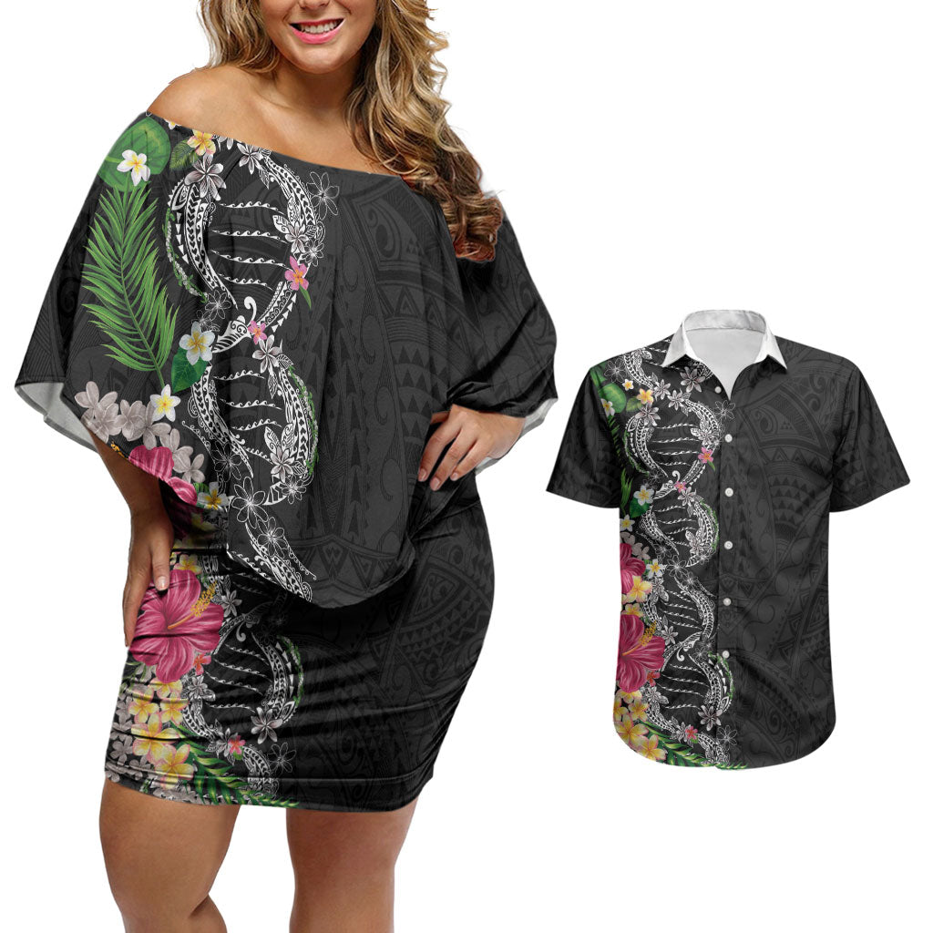 Hawaii DNA Kakau Tattoo Couples Matching Off Shoulder Short Dress and Hawaiian Shirt with Plumeria and Hibiscus Tropical Plants Black Color LT03 Black - Polynesian Pride