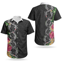 Hawaii DNA Kakau Tattoo Couples Matching Off Shoulder Short Dress and Hawaiian Shirt with Plumeria and Hibiscus Tropical Plants Black Color