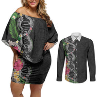 Hawaii DNA Kakau Tattoo Couples Matching Off Shoulder Short Dress and Long Sleeve Button Shirt with Plumeria and Hibiscus Tropical Plants Black Color