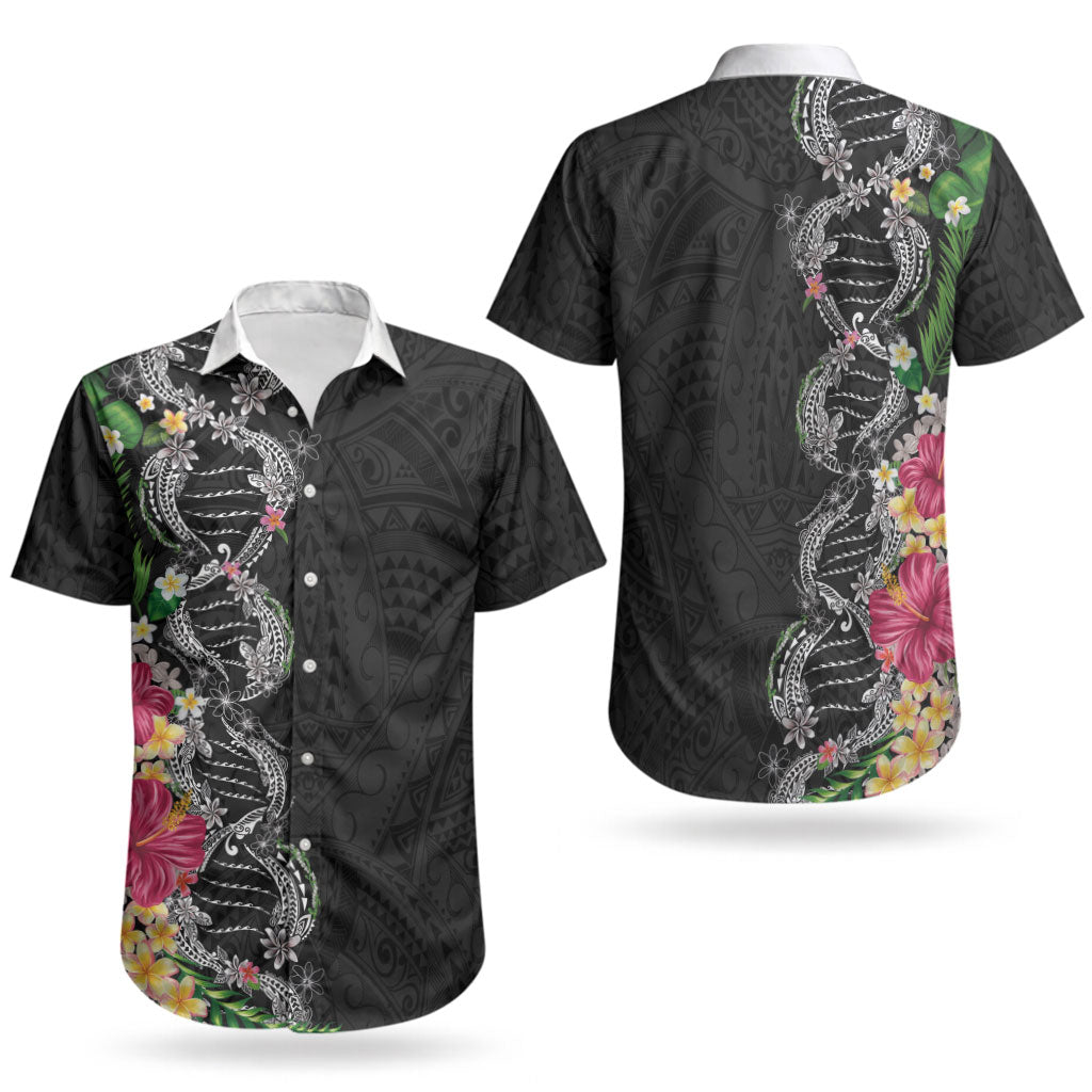 Hawaii DNA Kakau Tattoo Couples Matching Off The Shoulder Long Sleeve Dress and Hawaiian Shirt with Plumeria and Hibiscus Tropical Plants Black Color
