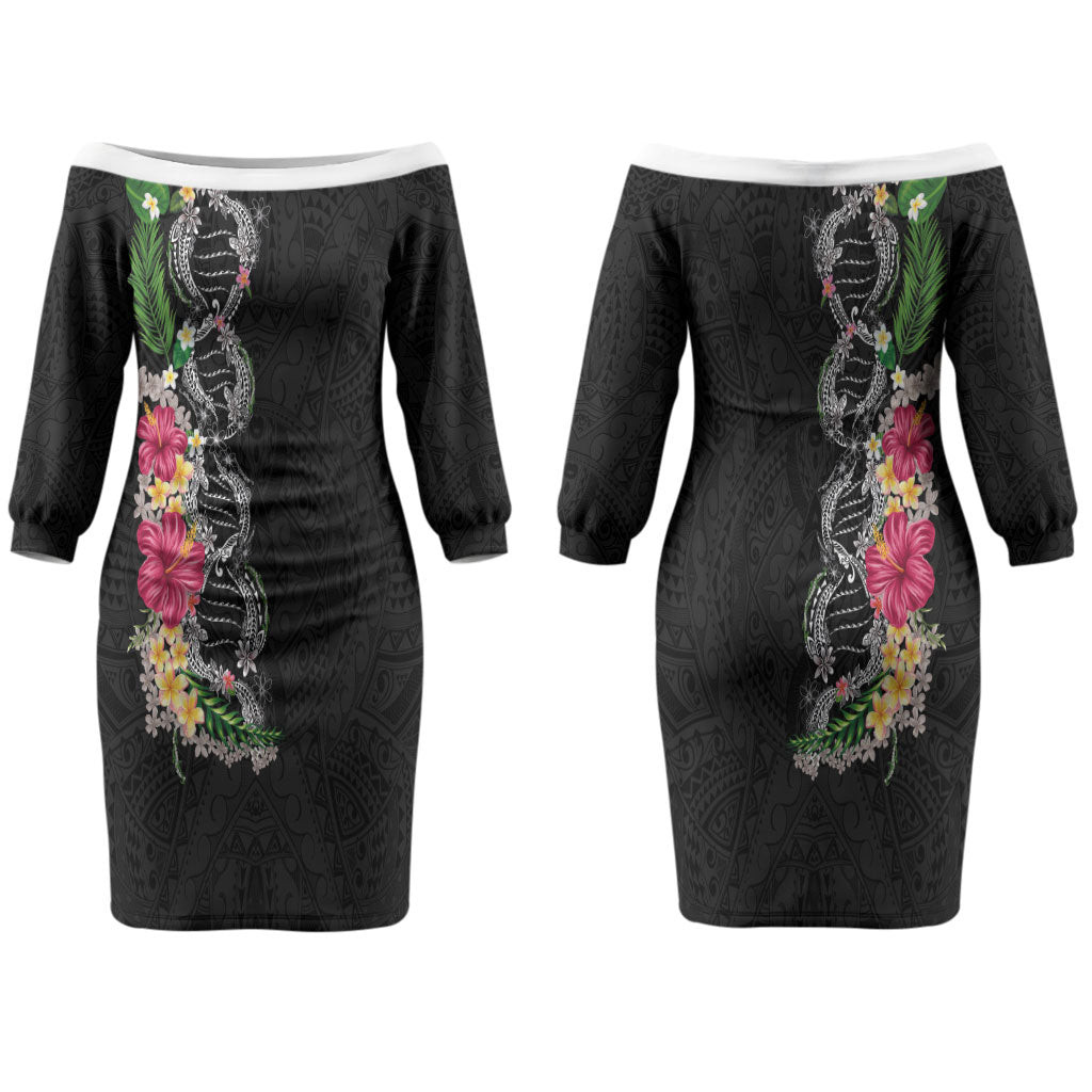 Hawaii DNA Kakau Tattoo Couples Matching Off The Shoulder Long Sleeve Dress and Hawaiian Shirt with Plumeria and Hibiscus Tropical Plants Black Color