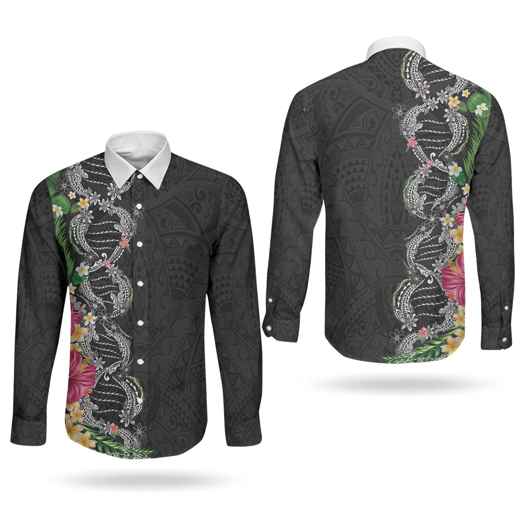 Hawaii DNA Kakau Tattoo Couples Matching Off The Shoulder Long Sleeve Dress and Long Sleeve Button Shirt with Plumeria and Hibiscus Tropical Plants Black Color